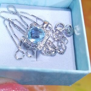 Delicate Dainty Blue Topaz 14 K White Gold Plated 925 Silver Pendant Necklace